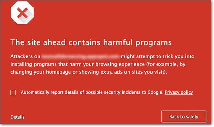 This site ahead contains harmful programs warning - Google blacklist message