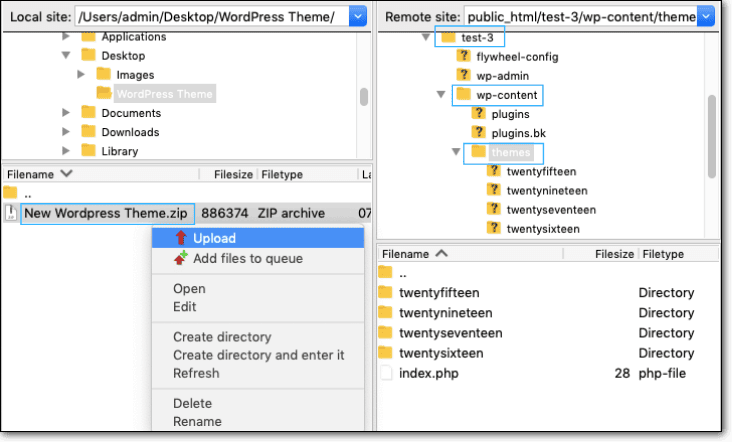 upload theme local site filezilla