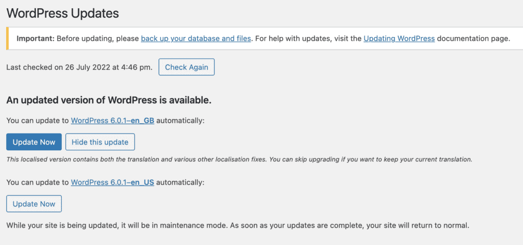 WordPress update notifiction