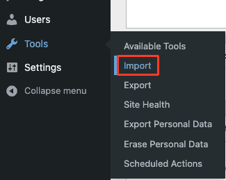 navigating to import under tools