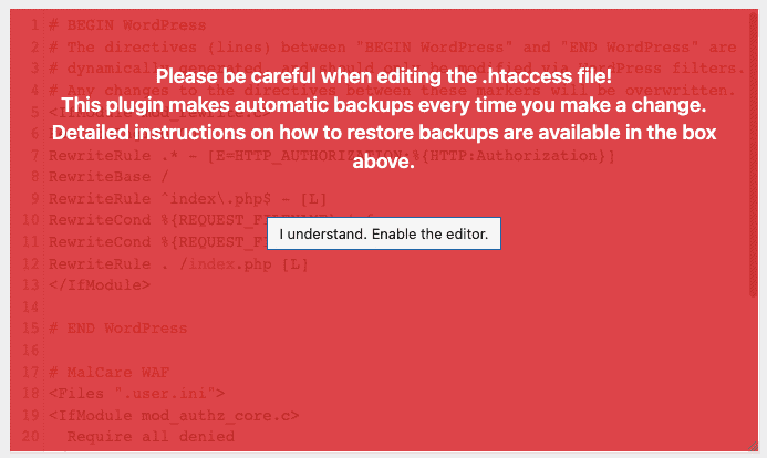 disclaimer for editing htaccess file