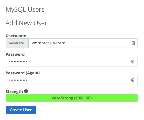 Choose username and password for your new database