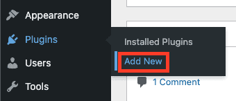 Screenshot showing how to add a new plugin from the WordPress admin dashboard