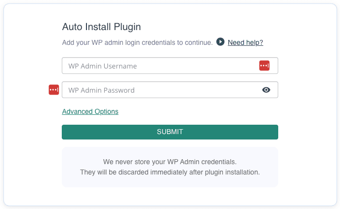 enter wp-admin credentials to auto-install BlogVault plugin