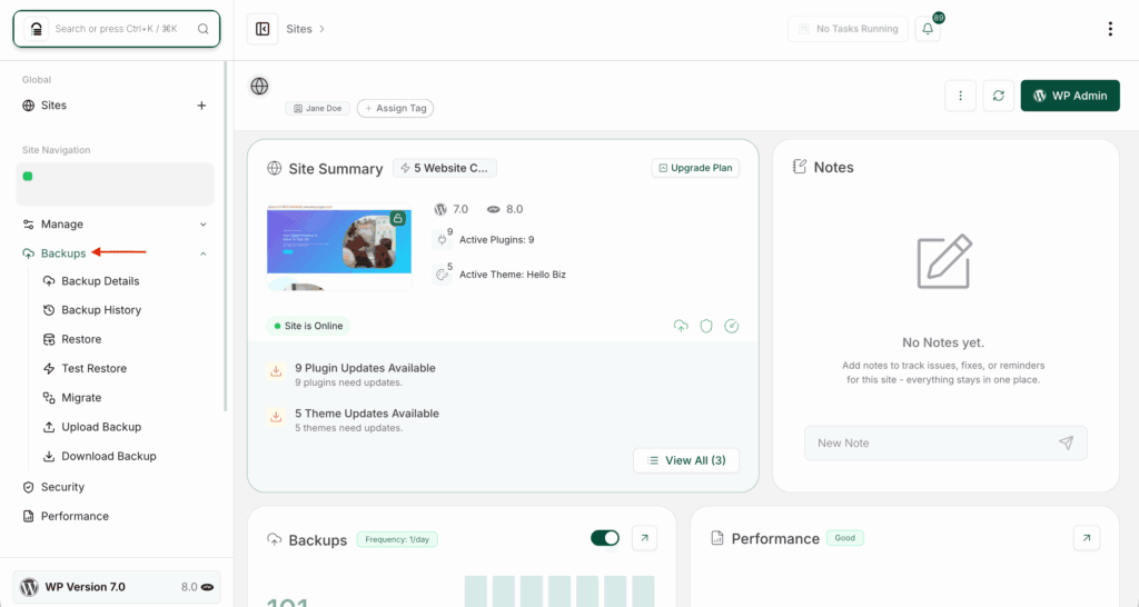 Backups in blogvault dashboard