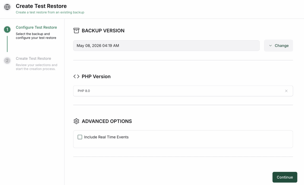Create a test restore via BlogVault