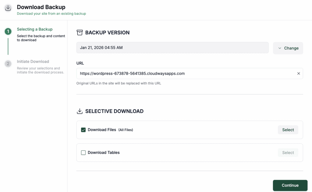 Download backup section