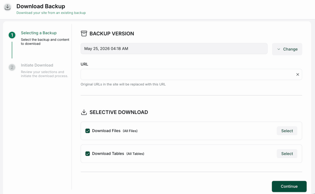 Select backup version, files and database