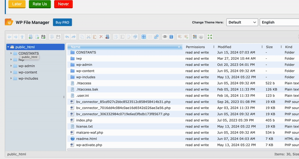 WP file manager interface
