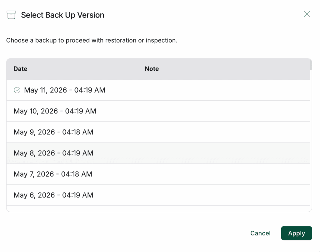Select backup version BlogVault