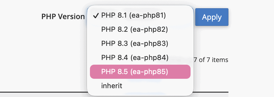 Set php version via Cpanel