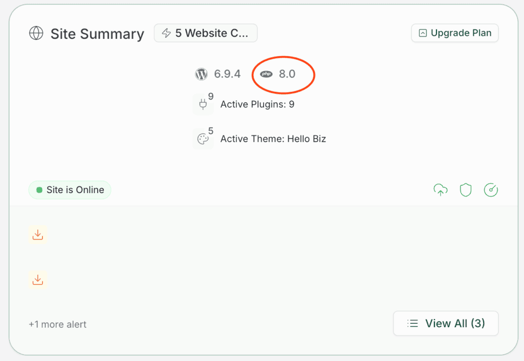 WordPress php version via Blogvault dashboard