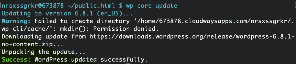 wp cli wp core update success