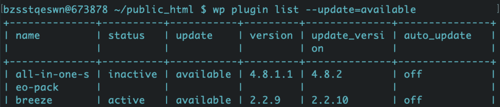 wp plugin available update list in wp cli