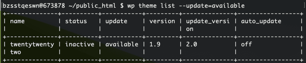 wp theme available update list in wp cli