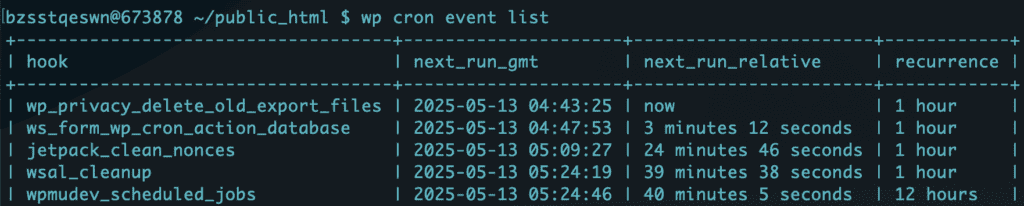 wp cron event list in wp-cli