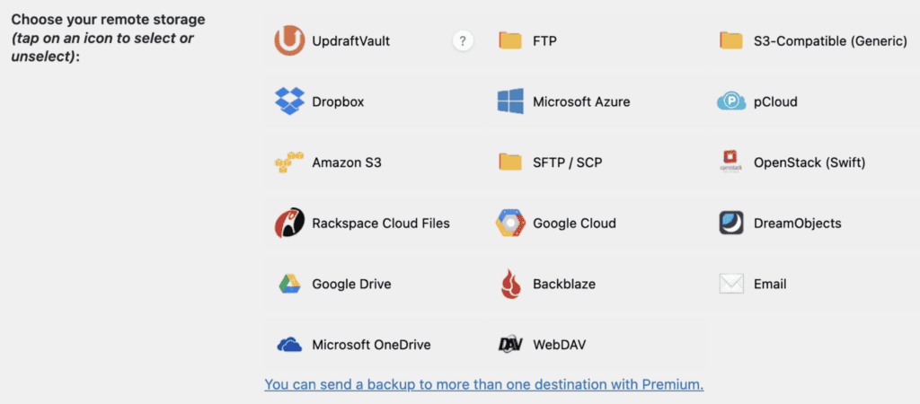 UpdraftPlus storage options