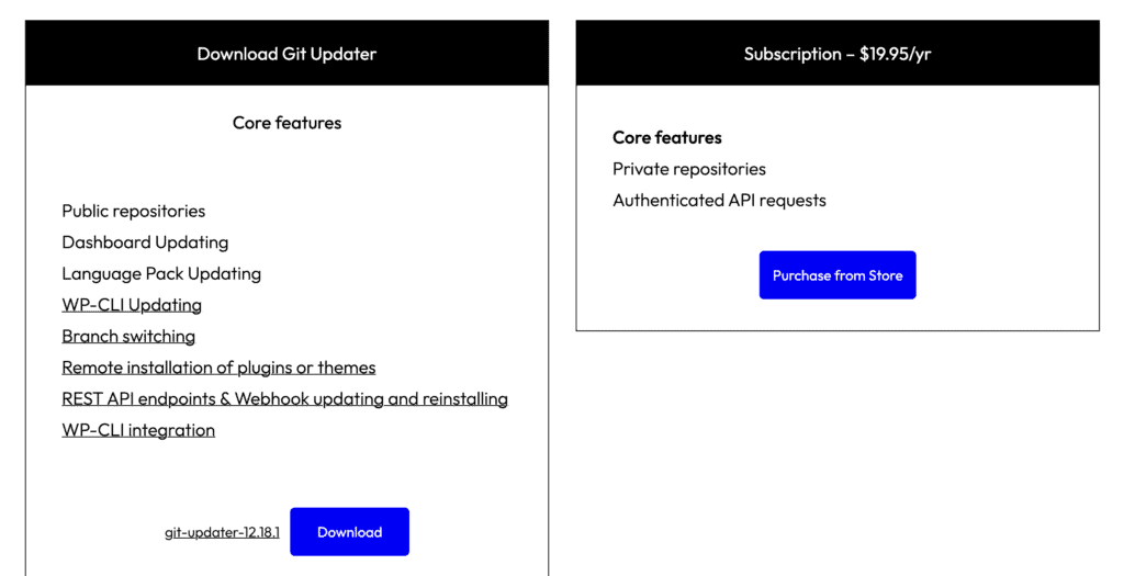 Git Updater Core features