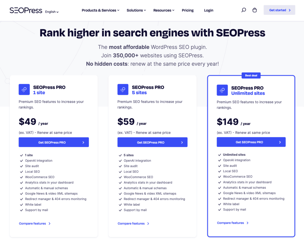 SEOPress pricing page