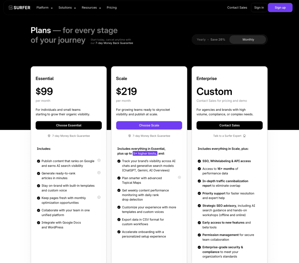 Surfer pricing page monthly