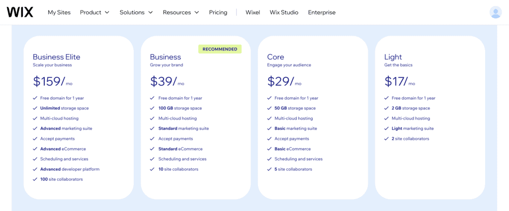 Wix pricing page