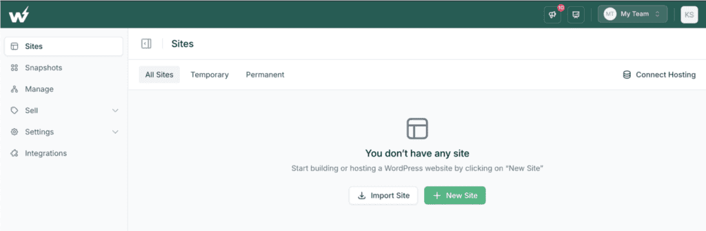 instaWP dashboard