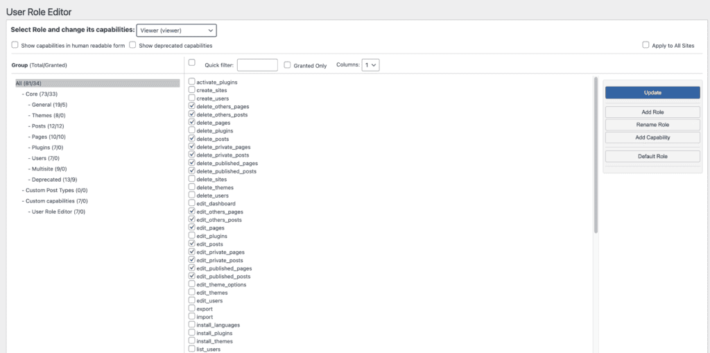 User role editor plugin interface