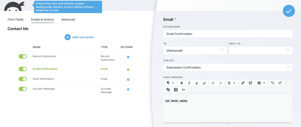 Email and actions ninja forms