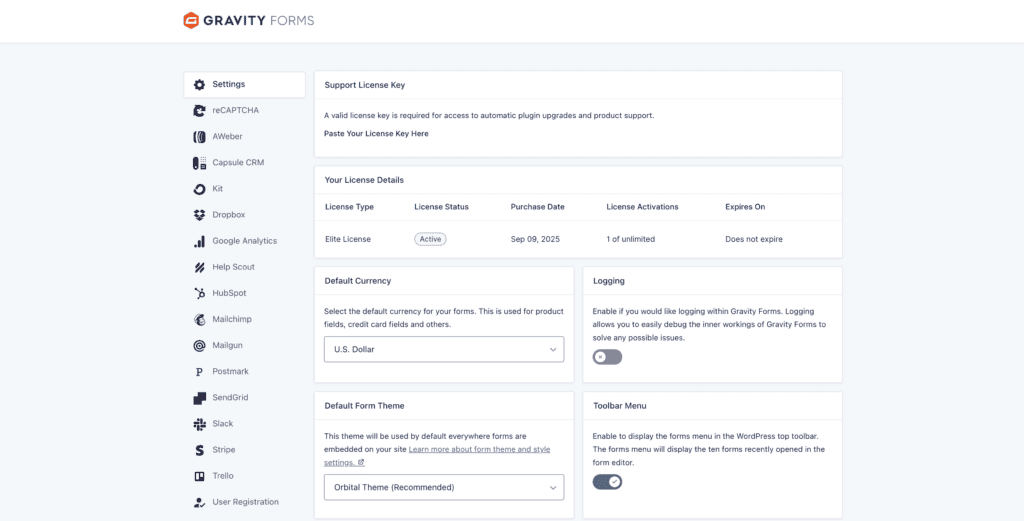 Gravity forms settings key