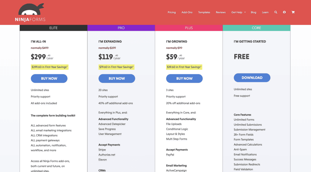 Ninja froms pricing page
