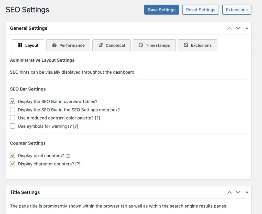 The SEO framework interface