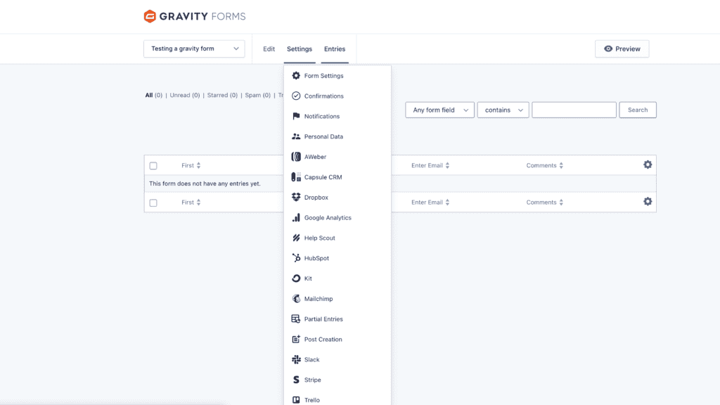 Settings gravity forms