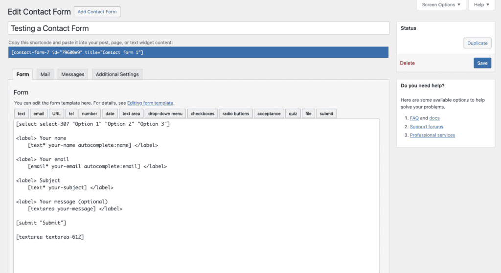 Text editor Contact form 7 interface
