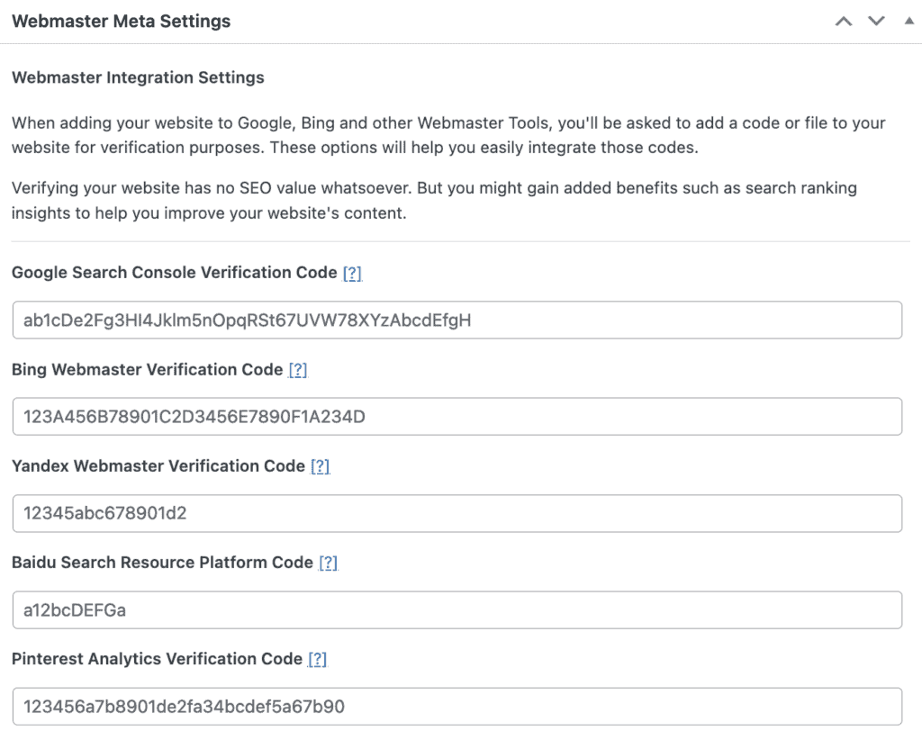 Webmaster meta settings