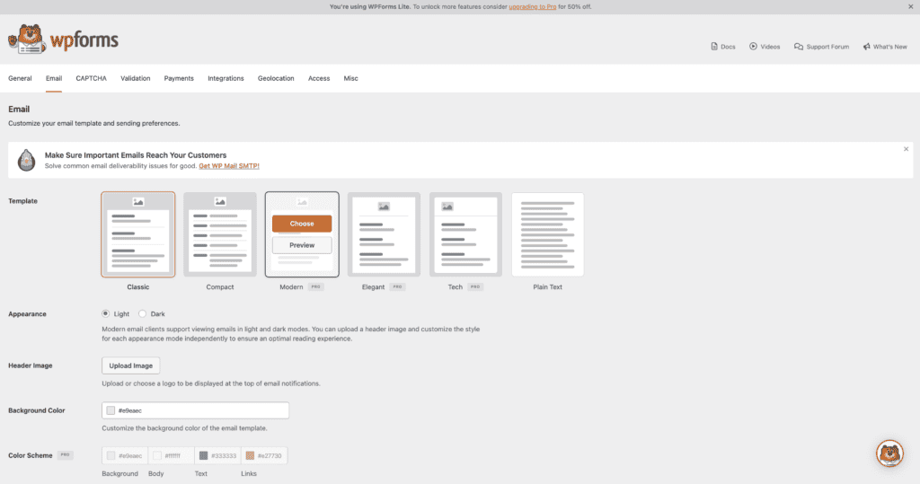 Email and notifications WPForms