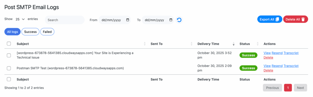 Post SMTP email logs