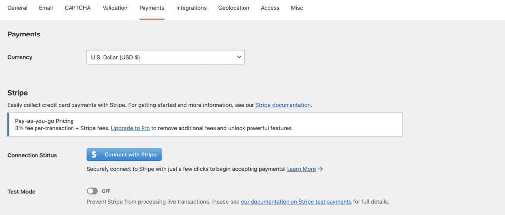 WPforms payment integration