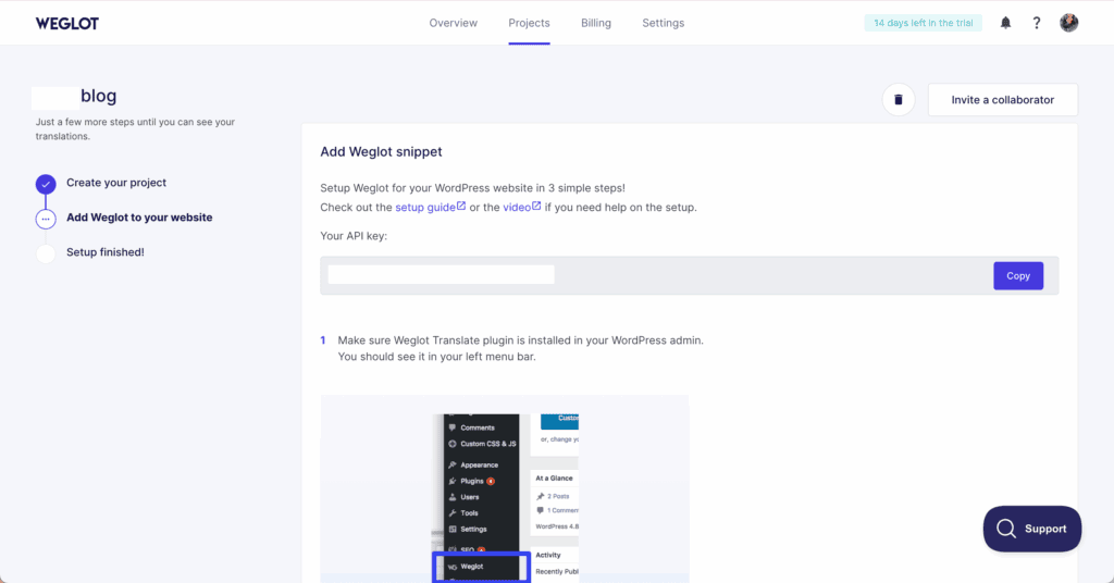 Copy API key weglot