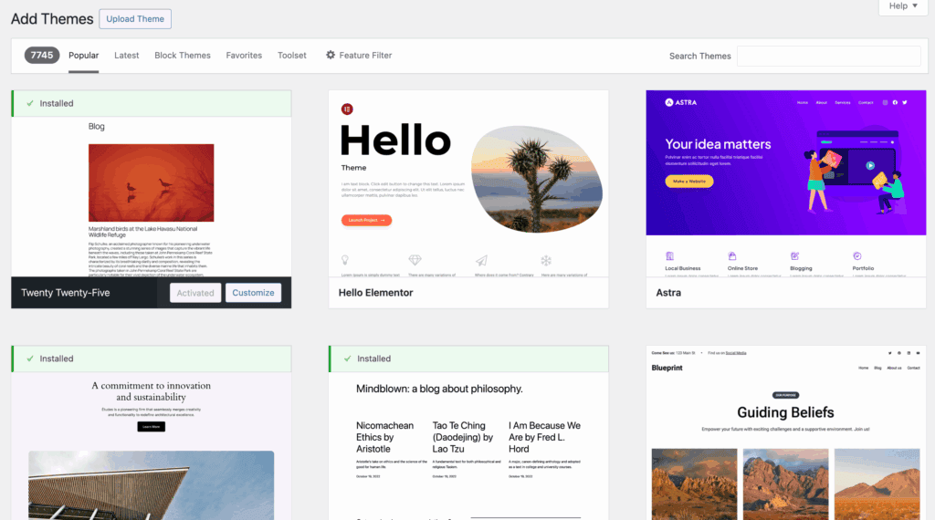 Search for and install themes