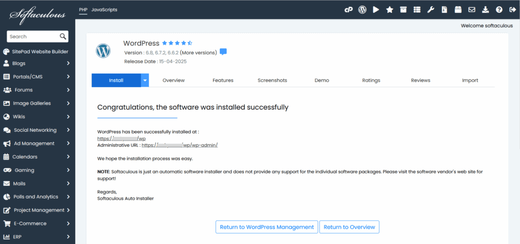Softaculous-WordPress-Installed