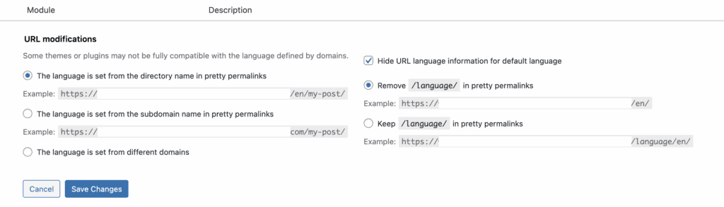 URL modifications polylang