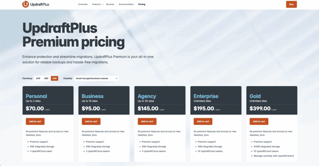 Backup and migration platform pricing tiers for UpdraftPlus WordPress plugin.