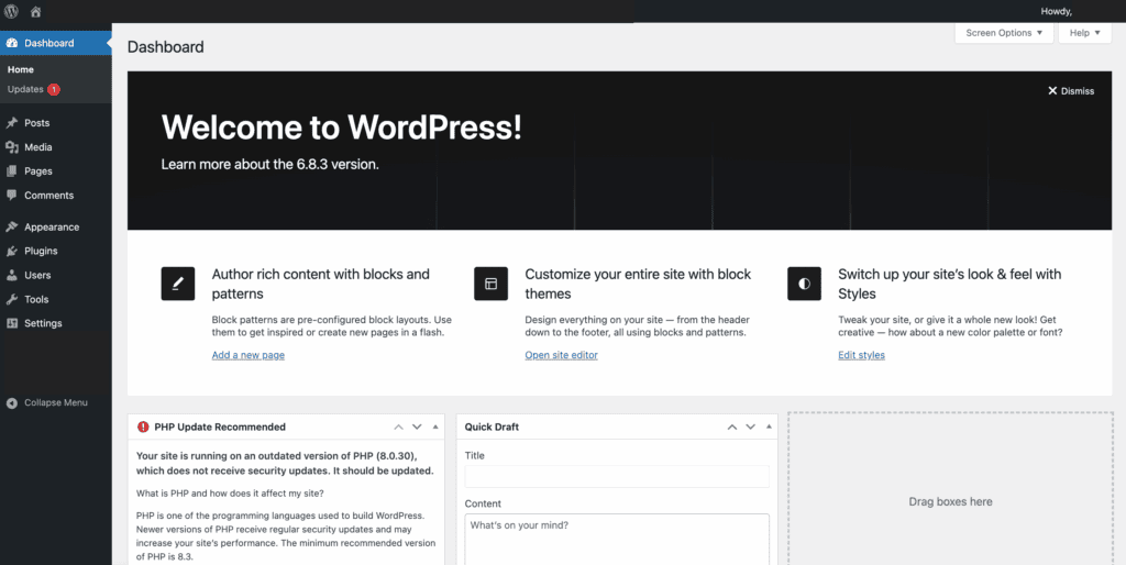 WP admin dashboard