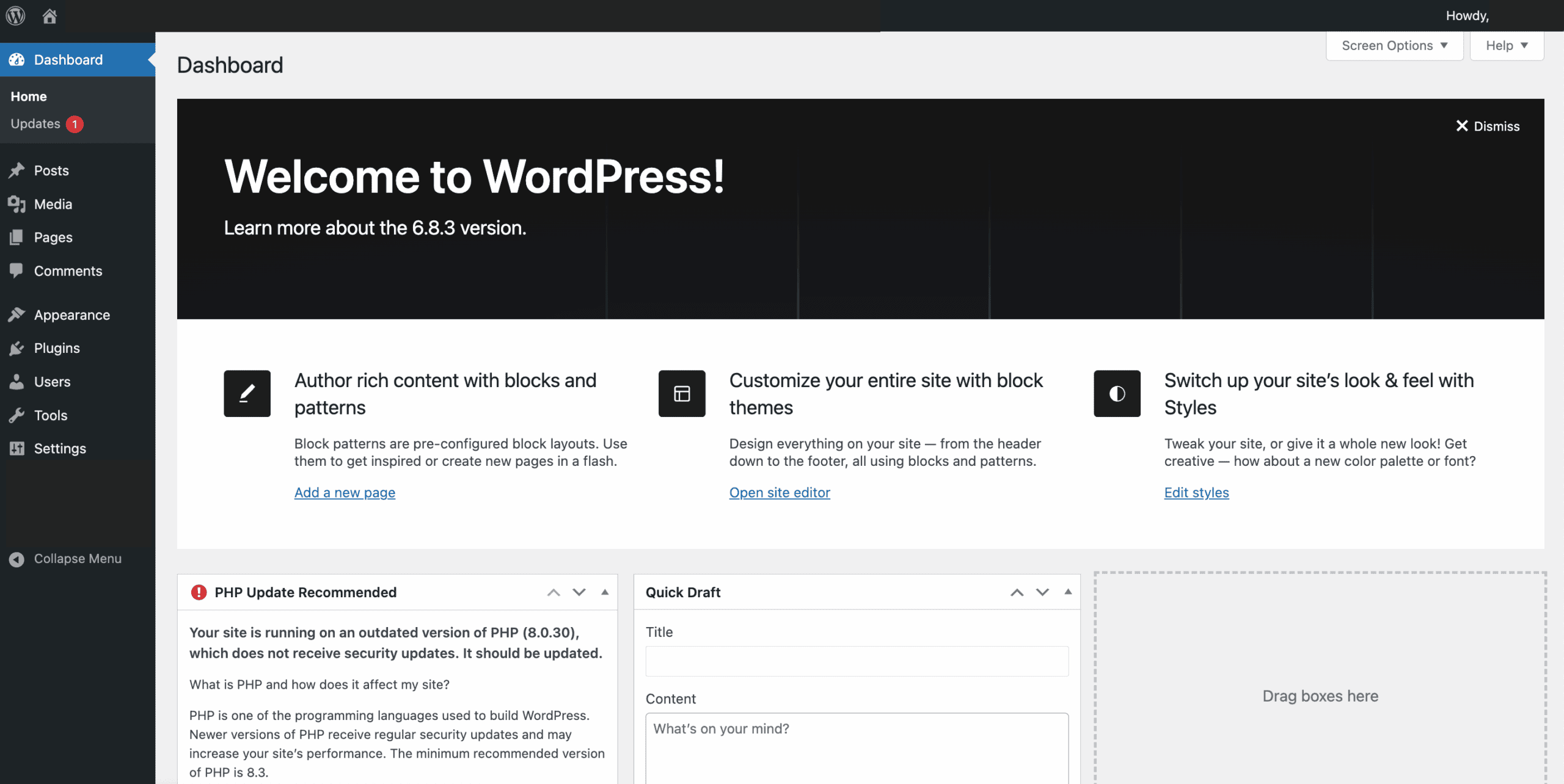 WP admin dashboard
