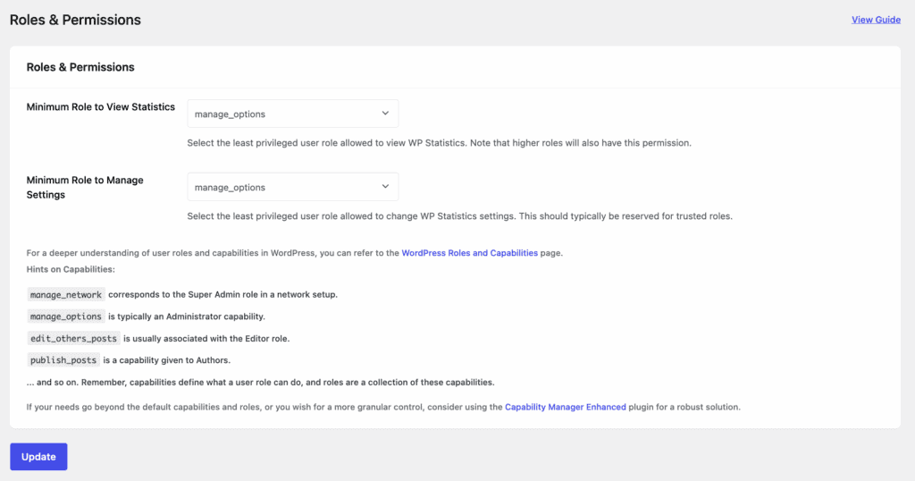 wp statistics review permissions