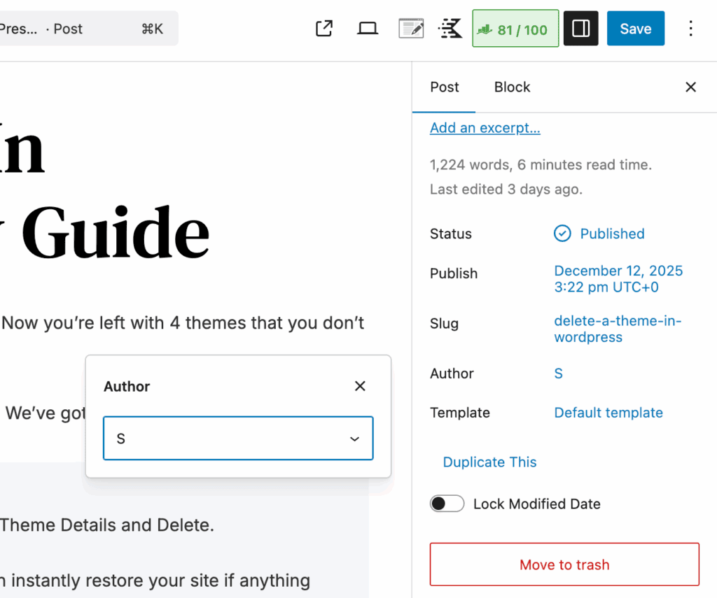 Change author in editor and save