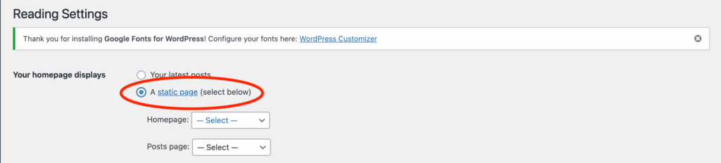 change home pagechange home page reading settings static page