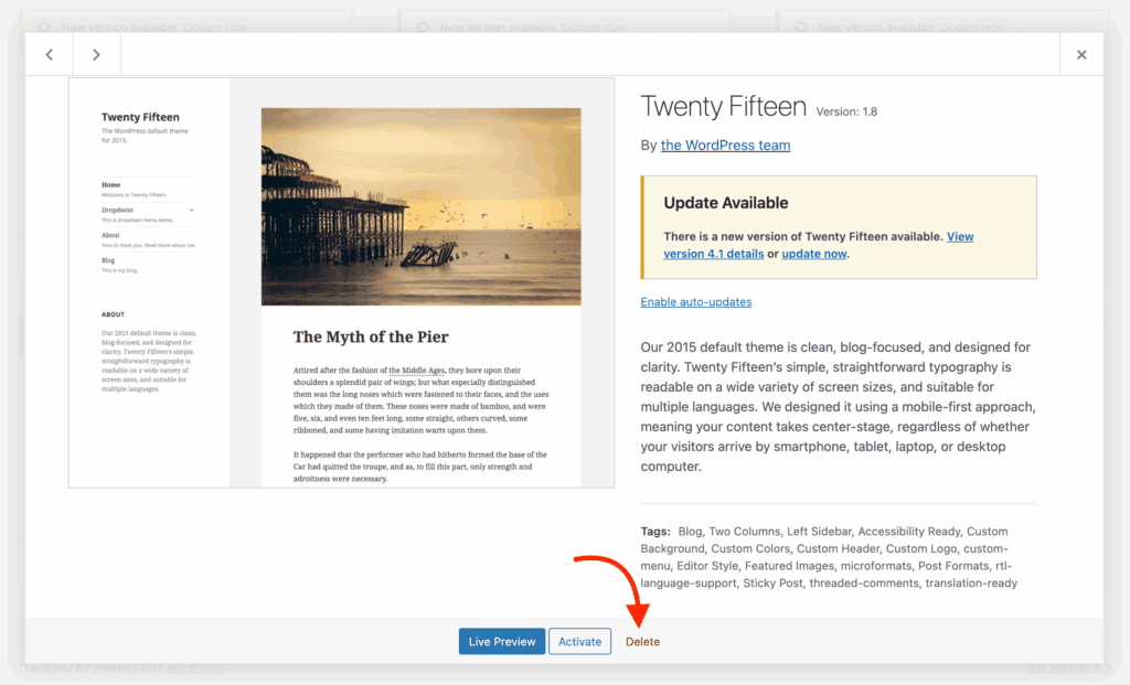 delete a theme in wordpress delete theme