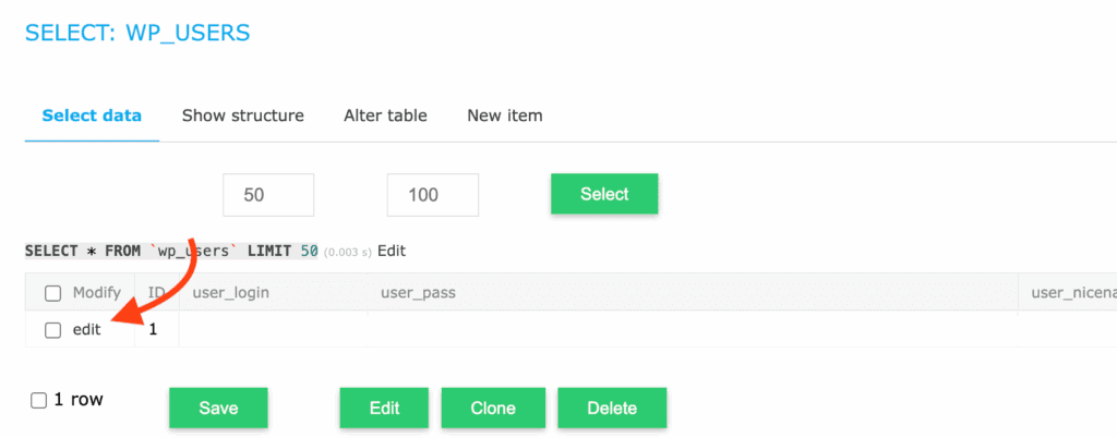 change wordpress admin password edit table