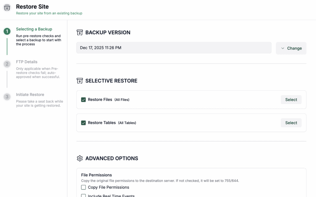 Restore backup new UI BV